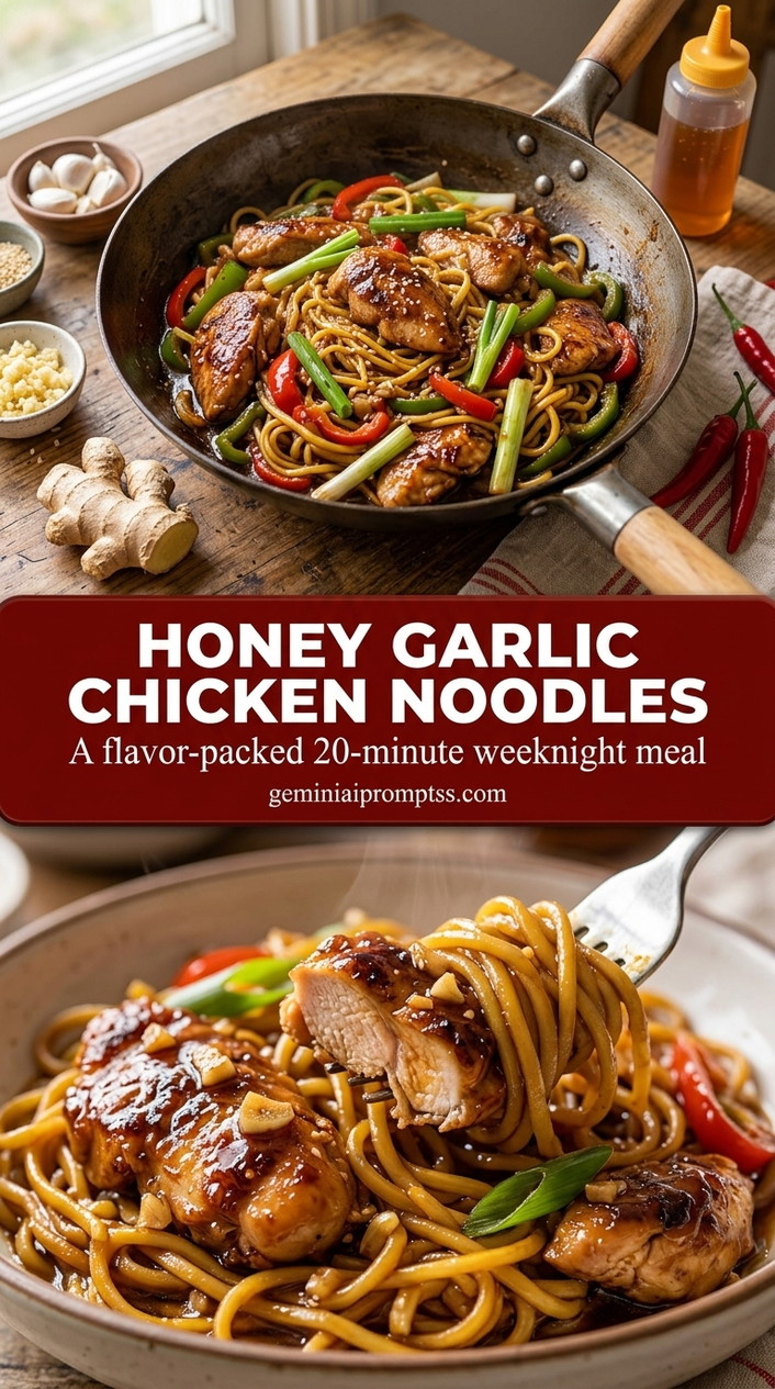 Honey garlic chicken noodles with glossy honey garlic glaze, browned chicken, garlic, and sesame seeds