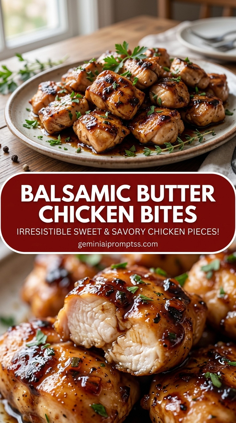 Balsamic butter chicken bites with bite-size chicken pieces with browned edges, glossy sauce, and fresh garnish