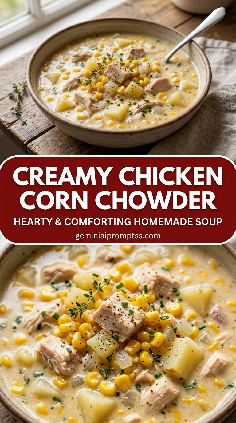 Creamy chicken corn chowder with bite-size chicken pieces with browned edges, glossy sauce, and fresh garnish