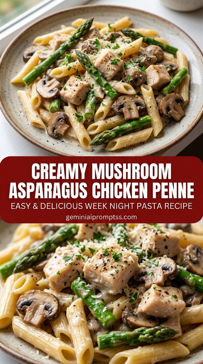 Creamy mushroom asparagus chicken penne with tender chicken and silky mushroom cream sauce