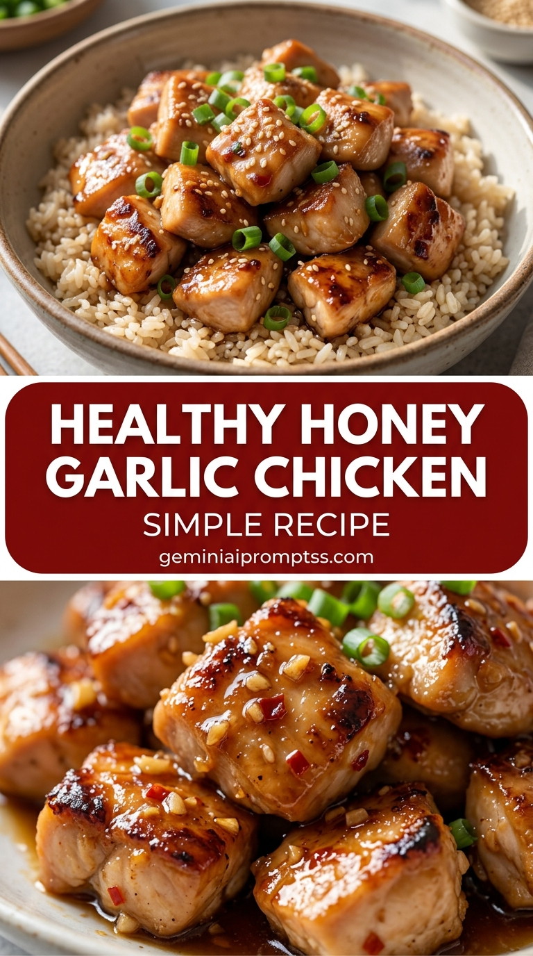Healthy honey garlic chicken with bite-size chicken pieces with browned edges, glossy sauce, and fresh garnish