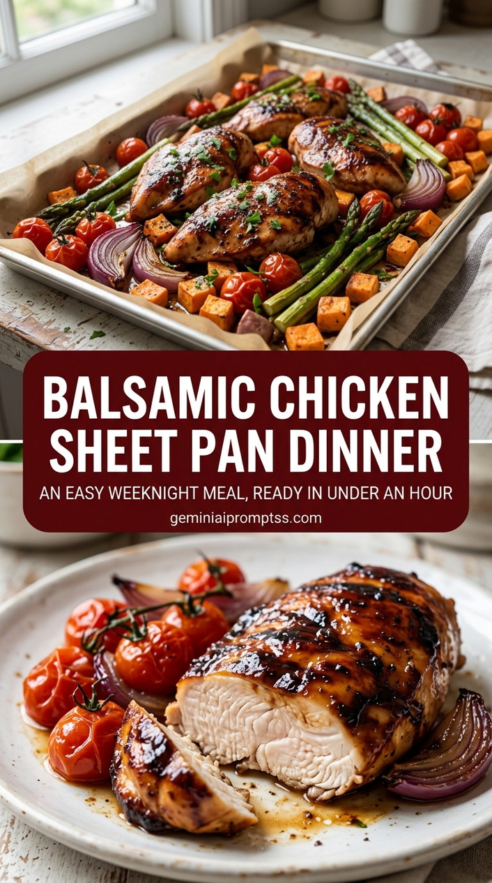 Balsamic chicken sheet pan dinner with bite-size chicken pieces with browned edges, glossy sauce, and fresh garnish