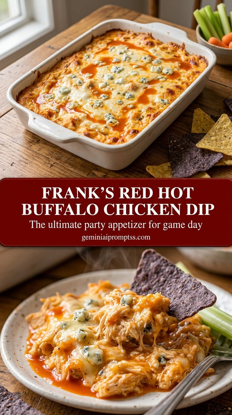 Frank's Red Hot buffalo chicken dip with creamy Frank’s RedHot chicken dip, melted mozzarella, and red pepper flakes