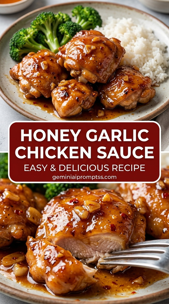 Honey garlic chicken sauce with bite-size chicken pieces with browned edges, glossy sauce, and fresh garnish