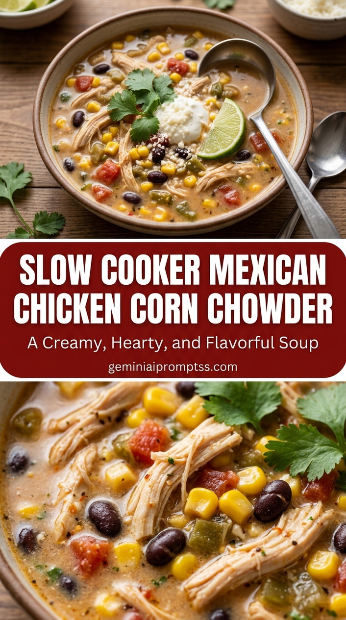 Slow cooker mexican chicken corn chowder with bite-size chicken pieces with browned edges, glossy sauce, and fresh garnish