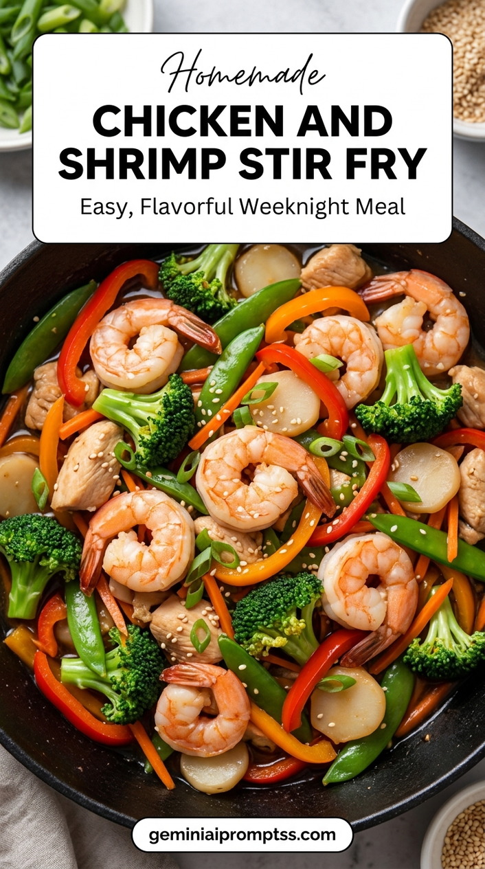 Chicken and shrimp stir fry with tender chicken and glossy stir-fry sauce