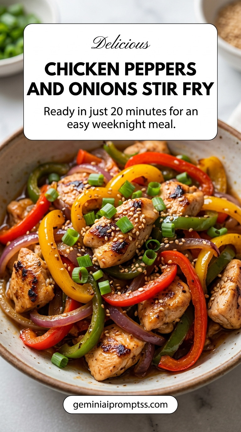Chicken peppers and onions stir fry with tender chicken and glossy stir-fry sauce