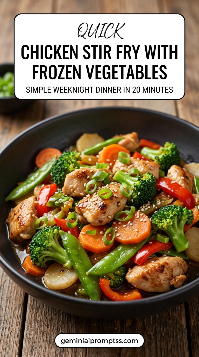 Chicken stir fry with frozen vegetables with tender chicken and glossy stir-fry sauce