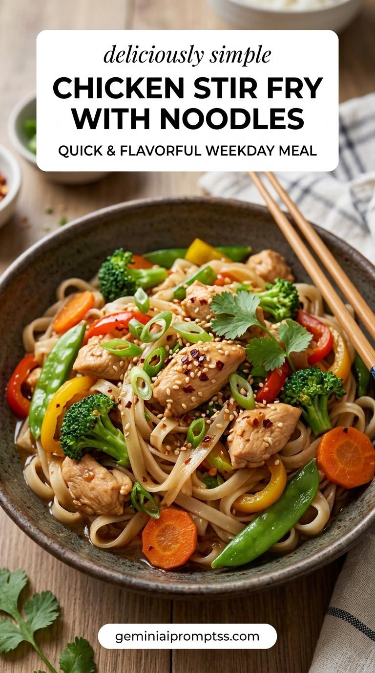 Chicken stir fry with noodles with tender chicken and glossy stir-fry sauce