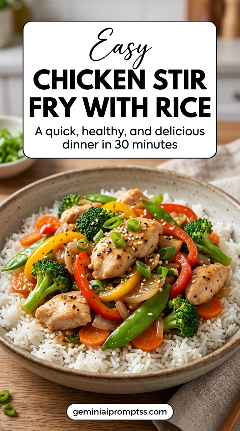 Chicken stir fry with rice with tender chicken and glossy stir-fry sauce