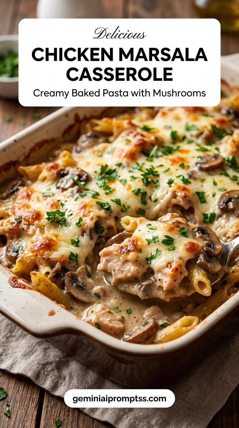 Chicken marsala casserole with tender chicken and rich mushroom Marsala sauce