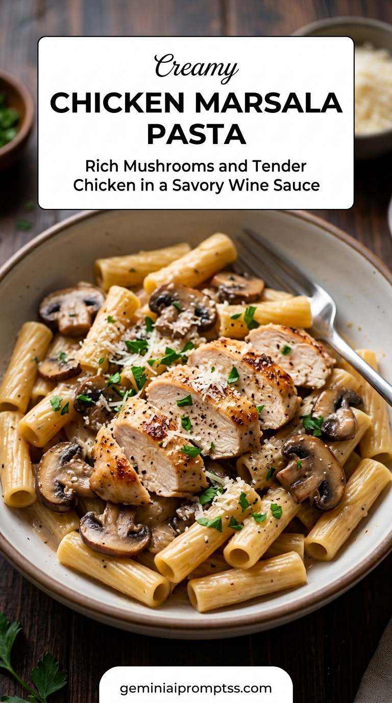 Chicken marsala pasta with tender chicken and rich mushroom Marsala sauce