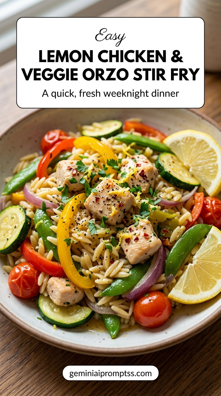 Lemon chicken and veggie orzo stir fry with tender chicken and glossy stir-fry sauce