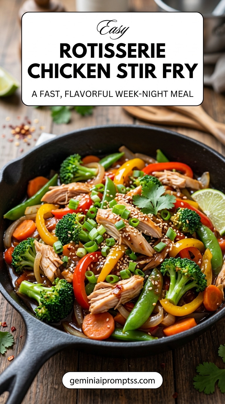 Rotisserie chicken stir fry with tender chicken and glossy stir-fry sauce