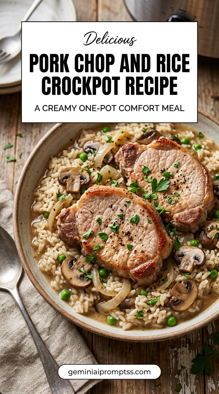 Pork chop and rice crockpot recipe with tender pork and flavorful sauce