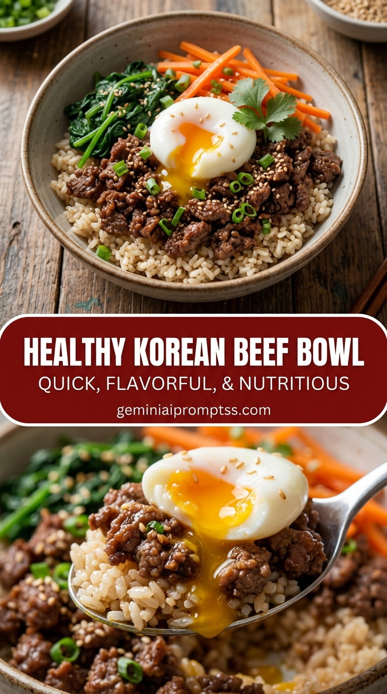Healthy Korean Beef Bowl with 90% lean ground beef, scallions, carrots, and cucumber, and a savory finish