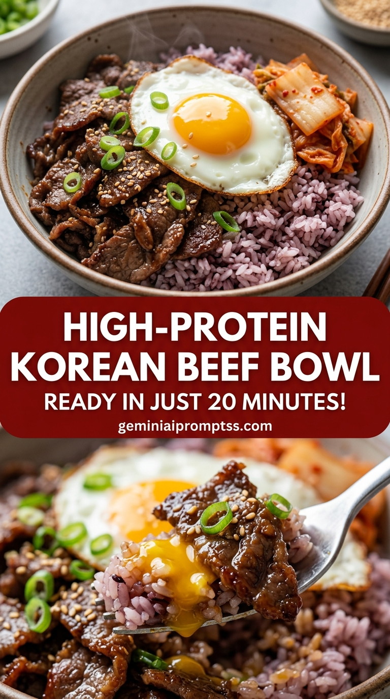 High-Protein Korean Beef Bowl with ground beef or thinly sliced beef, scallions, carrots, and cucumber, and a savory finish