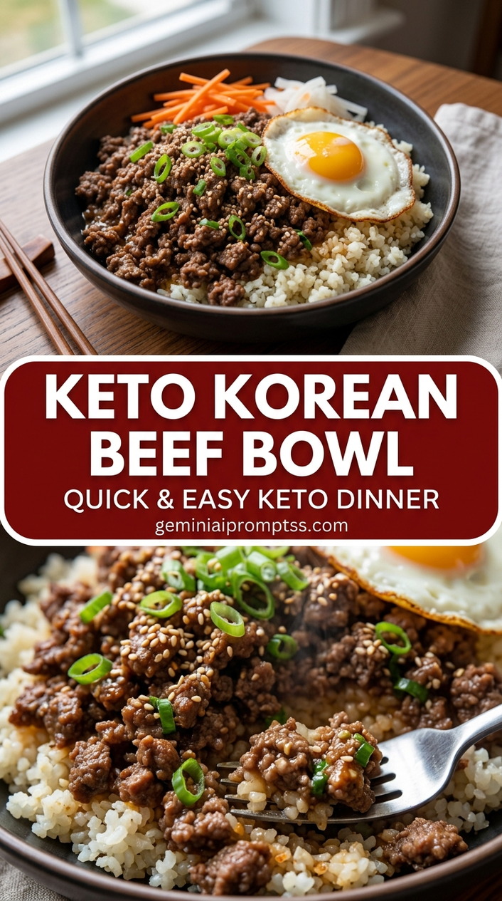 Keto Korean Beef Bowl with ground beef or thinly sliced beef, scallions, carrots, and cucumber, and a savory finish