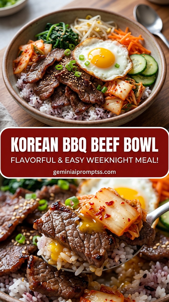 Korean BBQ Beef Bowl with ground beef or thinly sliced beef, scallions, carrots, and cucumber, and a savory finish