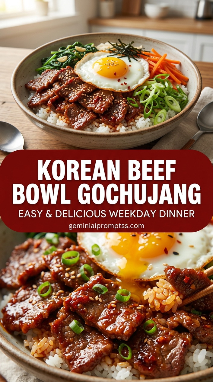 Korean Beef Bowl Gochujang with ground beef or thinly sliced beef, scallions, carrots, and cucumber, and a savory finish