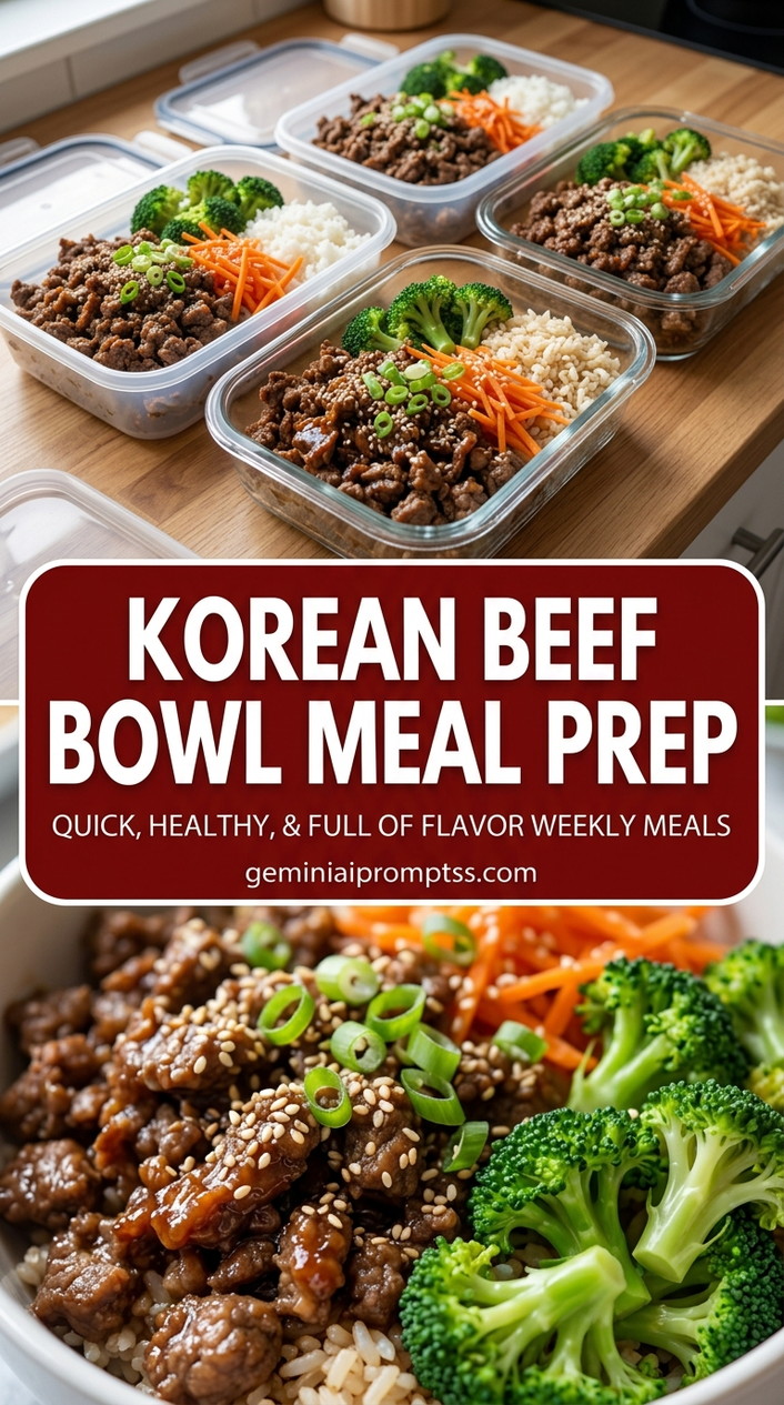 Korean Beef Bowl Meal Prep with ground beef or thinly sliced beef, scallions, carrots, and cucumber, and a savory finish