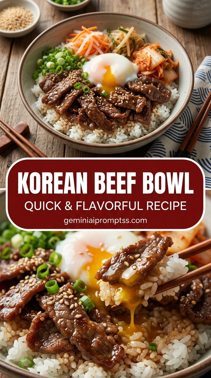 Korean Beef Bowl with ground beef or thinly sliced beef, scallions, carrots, and cucumber, and a savory finish
