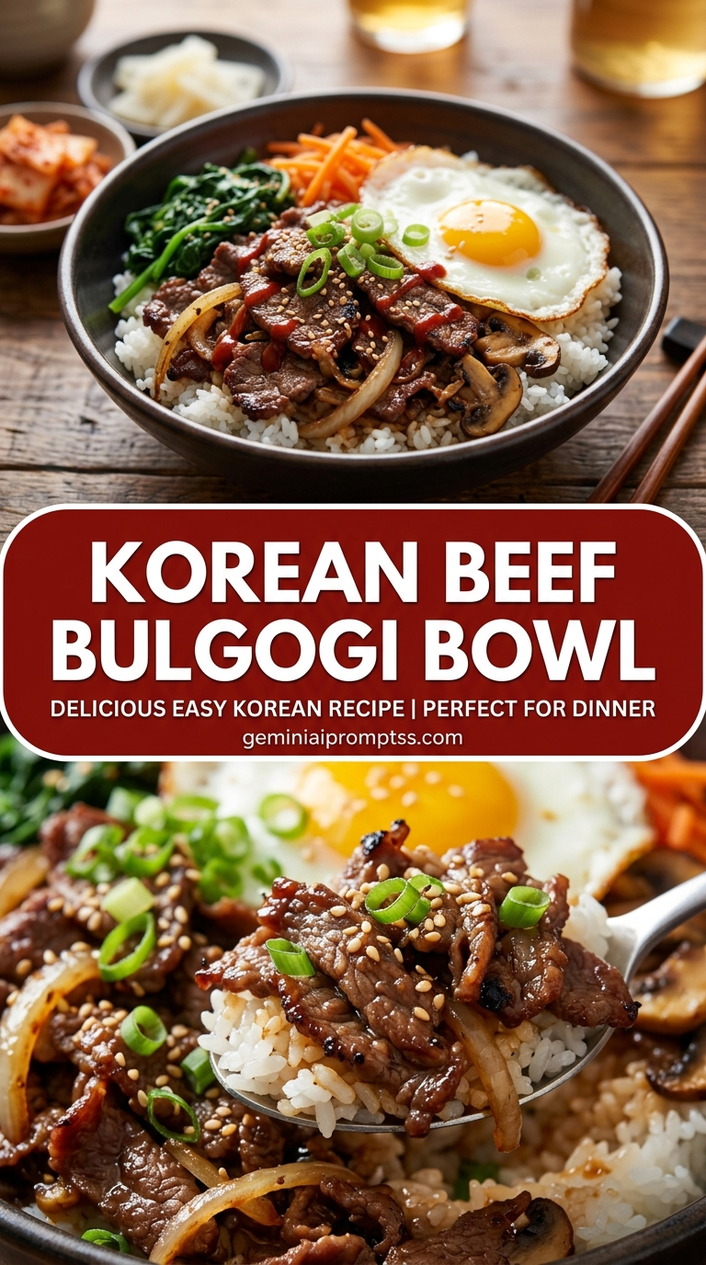 Korean Beef Bulgogi Bowl with ground beef or thinly sliced beef, scallions, carrots, and cucumber, and a savory finish