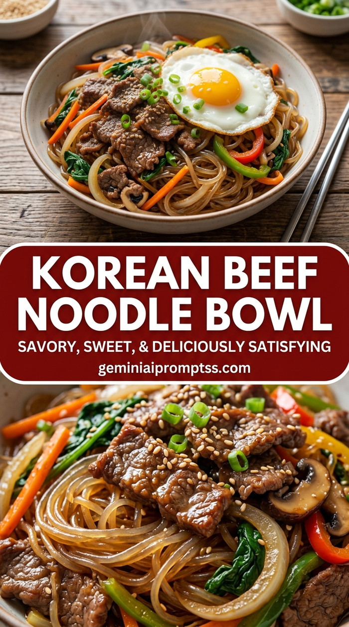 Korean Beef Noodle Bowl with ground beef or thinly sliced beef, scallions, carrots, and cucumber, and a savory finish