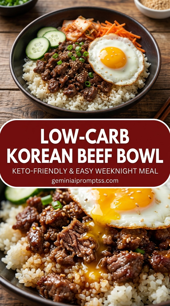 Low-Carb Korean Beef Bowl with ground beef or thinly sliced beef, scallions, carrots, and cucumber, and a savory finish