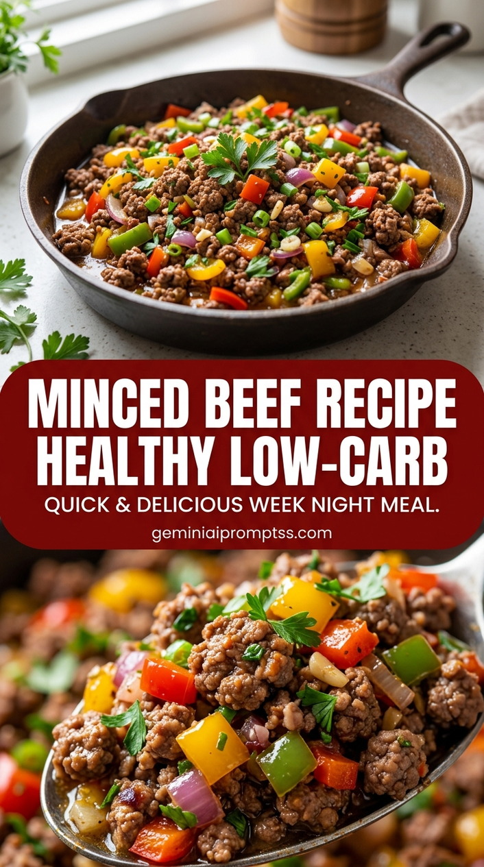 Minced Beef Recipe Healthy Low-Carb with 90% lean ground beef, onion, garlic, and a colorful vegetable, and a savory finish
