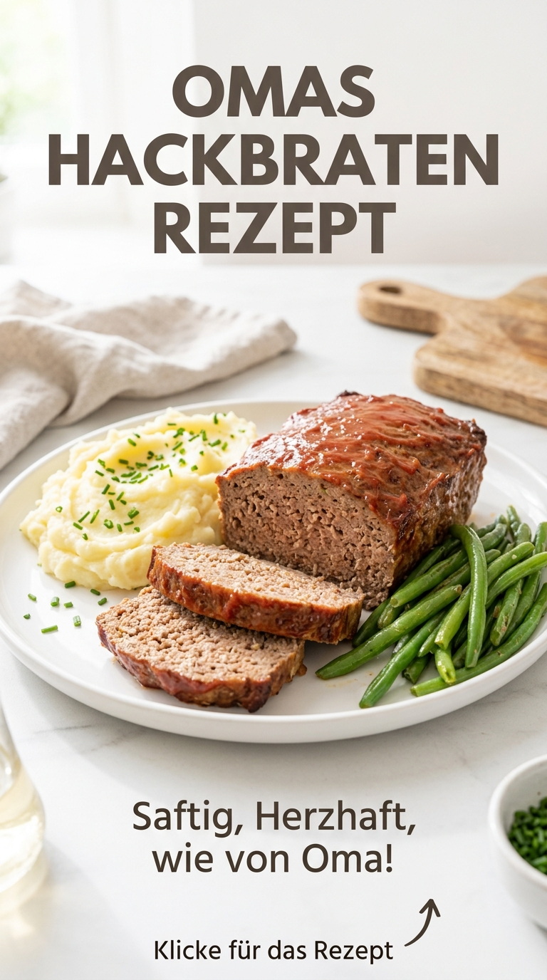Omas Hackbraten mit glänzender Tomaten-Senf-Glasur, Kartoffelpüree und Bohnen