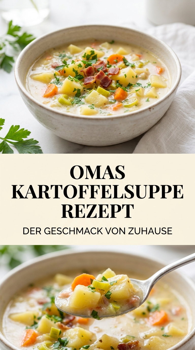 Omas Kartoffelsuppe mit Kartoffelstücken, Möhren, Lauch und Speck