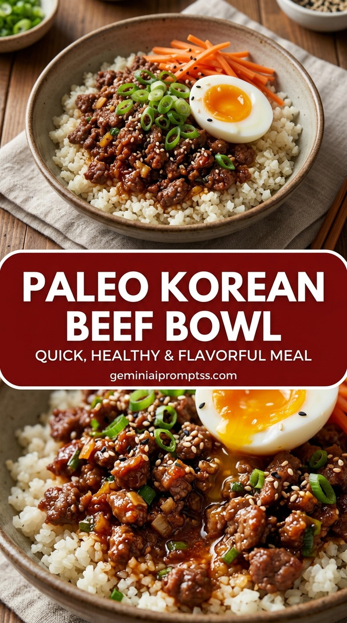 Paleo Korean Beef Bowl with ground beef or thinly sliced beef, scallions, carrots, and cucumber, and a savory finish