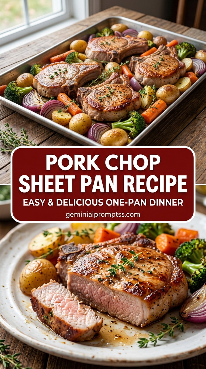 Pork Chop Sheet Pan Recipe with bone-in or boneless pork chops, broccoli and baby potatoes, and a savory finish