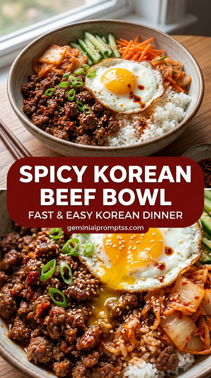 Spicy Korean Beef Bowl with ground beef or thinly sliced beef, scallions, carrots, and cucumber, and a savory finish