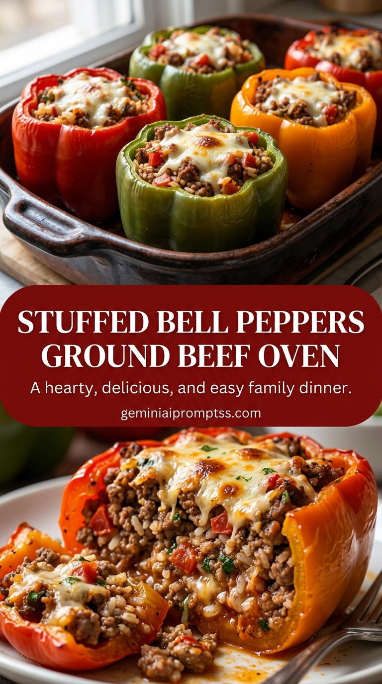Stuffed Bell Peppers Ground Beef Oven with lean ground beef, bell peppers, onion, and tomatoes, and a savory finish
