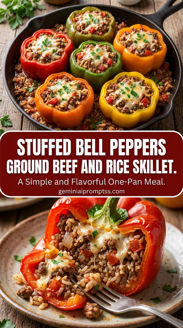 Stuffed Bell Peppers Ground Beef And Rice Skillet with lean ground beef, bell peppers, onion, and tomatoes, and a savory finish