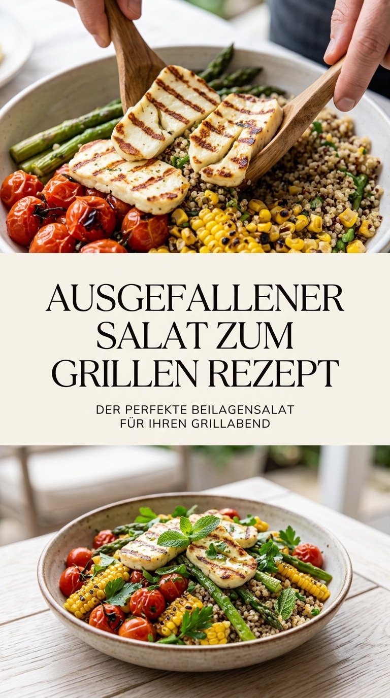 Ausgefallener Salat zum Grillen mit gegrilltem Halloumi, Couscous und buntem Gemüse