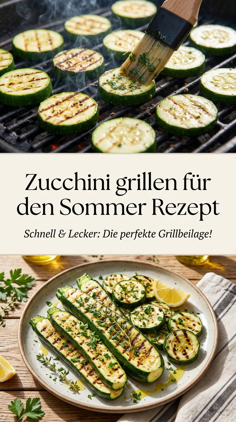 Gegrillte Zucchinischeiben mit deutlichen Grillstreifen und frischen Kräutern