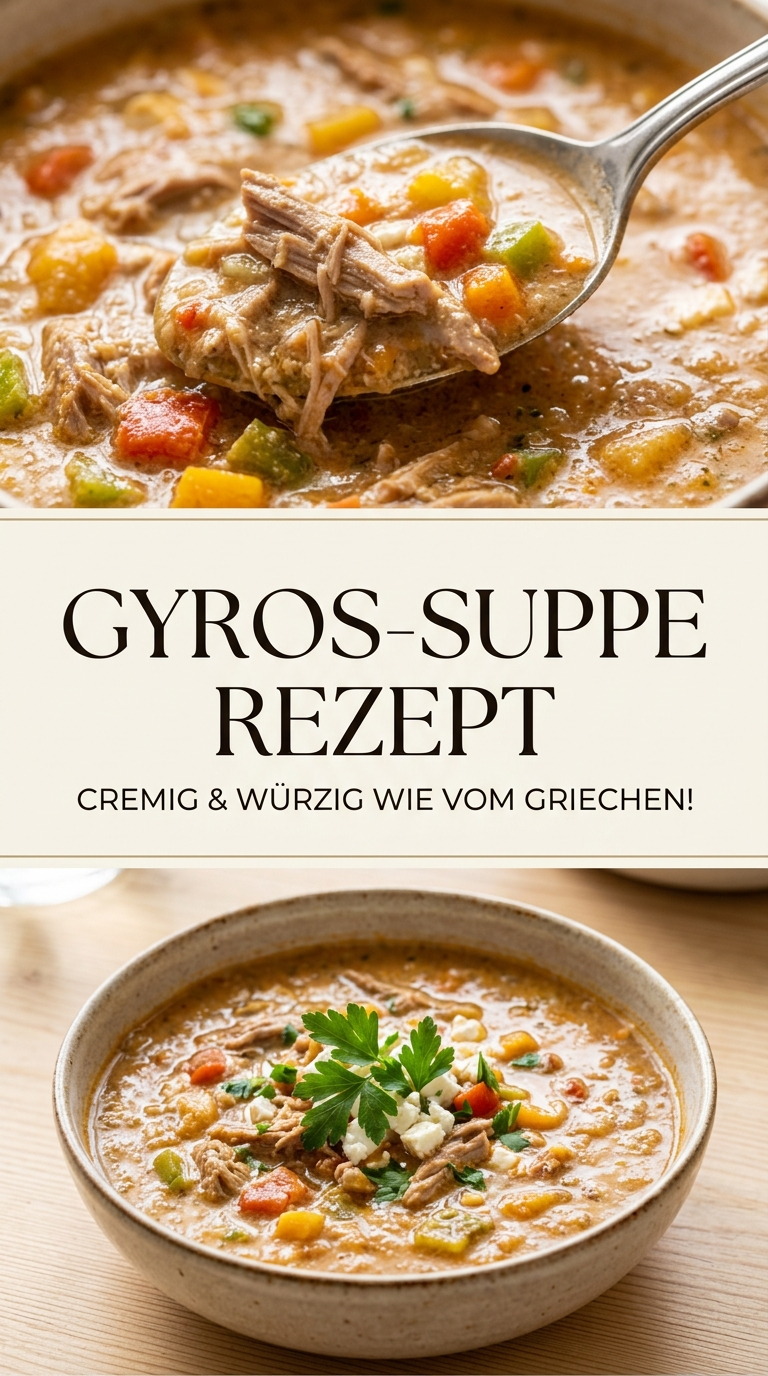 Cremige Gyros-Suppe mit Fleischstreifen, Paprika und Kräutern
