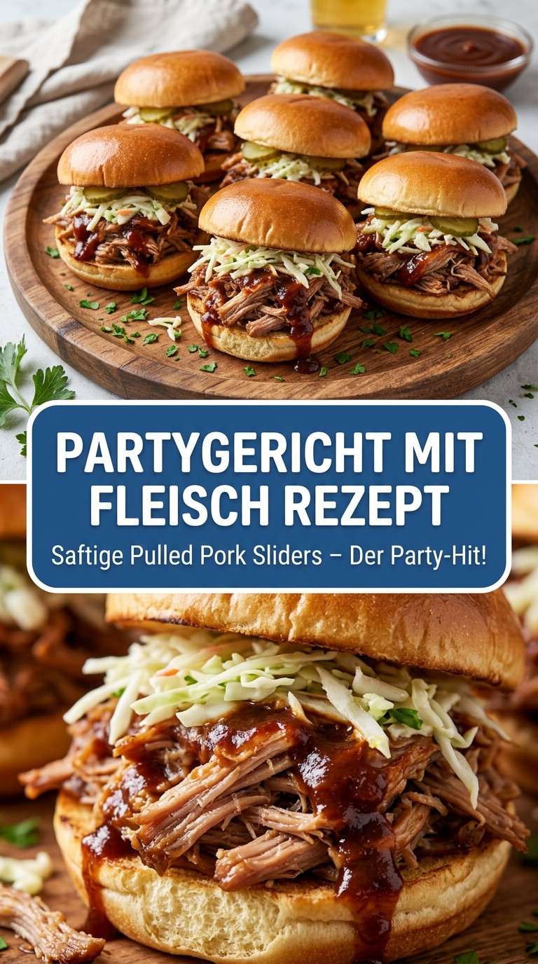 Partygericht mit Fleisch mit saftigem Pulled Pork in kleinen Burgern für Gäste